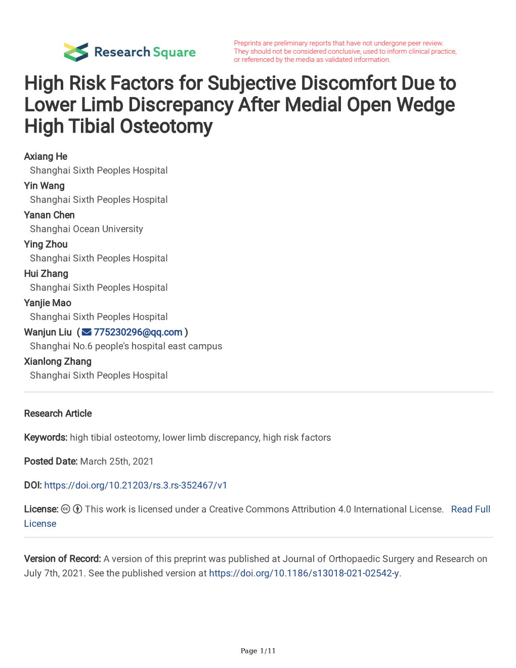 High Risk Factors for Subjective Discomfort Due to Lower Limb Discrepancy After Medial Open Wedge High Tibial Osteotomy