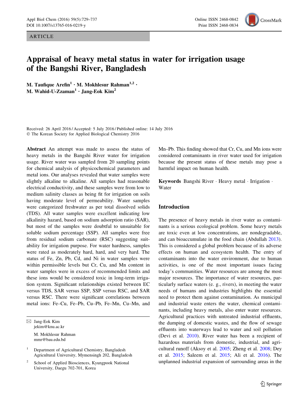 Appraisal of Heavy Metal Status in Water for Irrigation Usage of the Bangshi River, Bangladesh