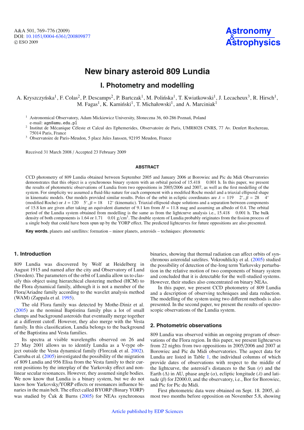 New Binary Asteroid 809 Lundia I