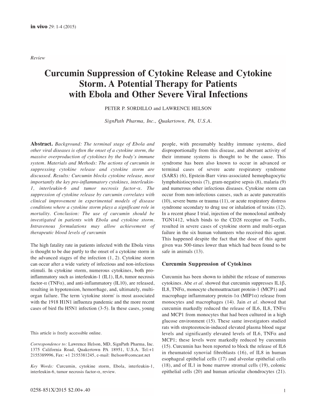 Curcumin Suppression of Cytokine Release and Cytokine Storm