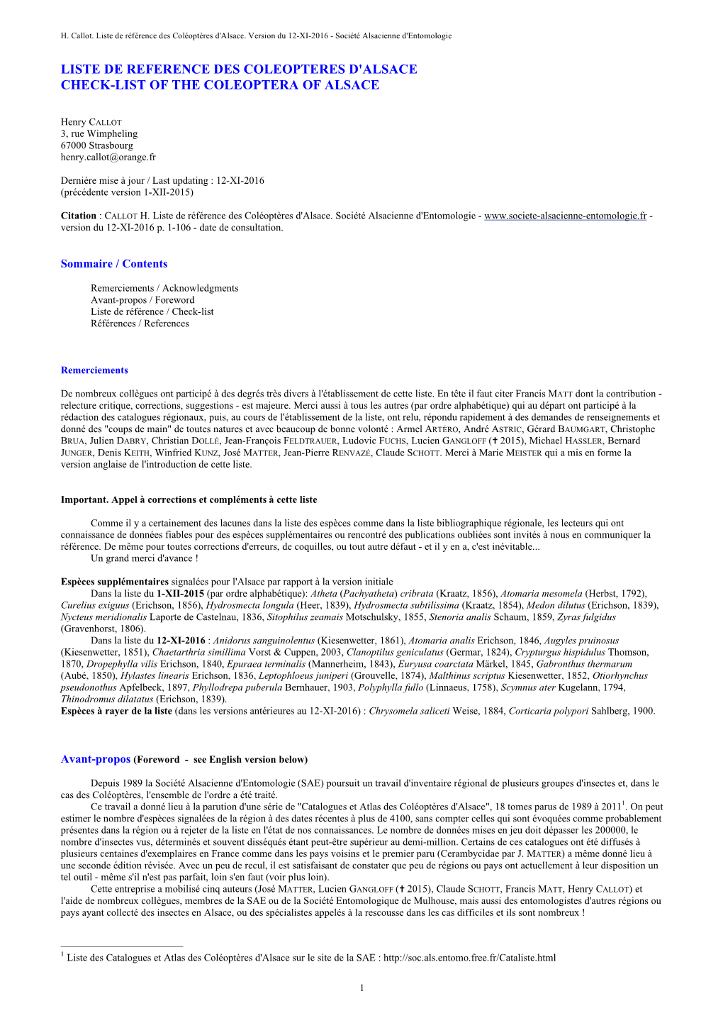 Liste De Référence Des Coléoptères D'alsace 12-XI-2016