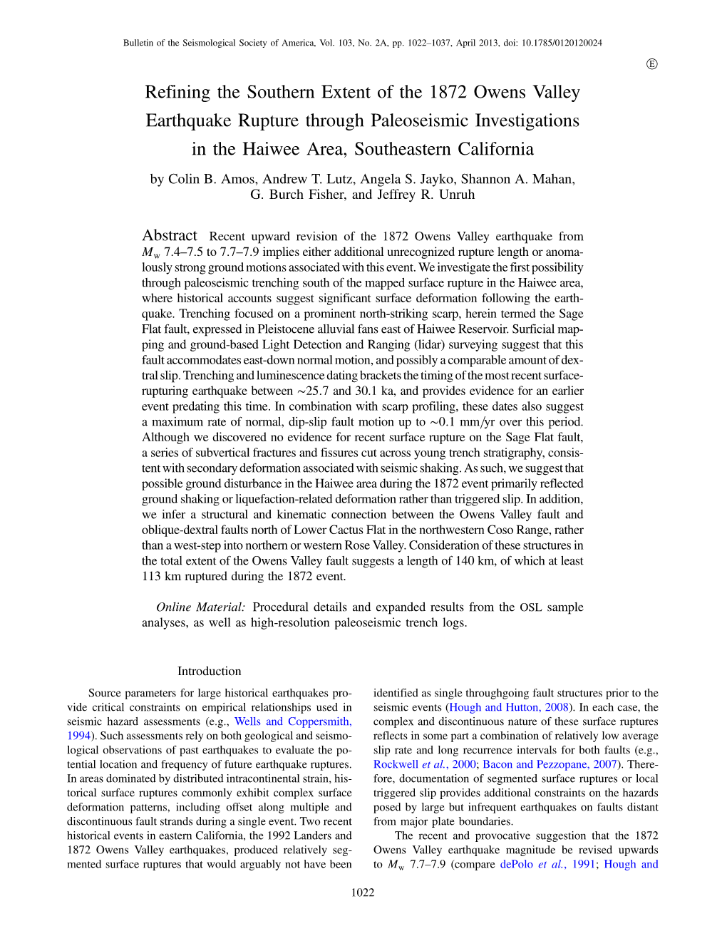 Refining the Southern Extent of the 1872 Owens Valley Earthquake Rupture Through Paleoseismic Investigations in the Haiwee Area, Southeastern California by Colin B