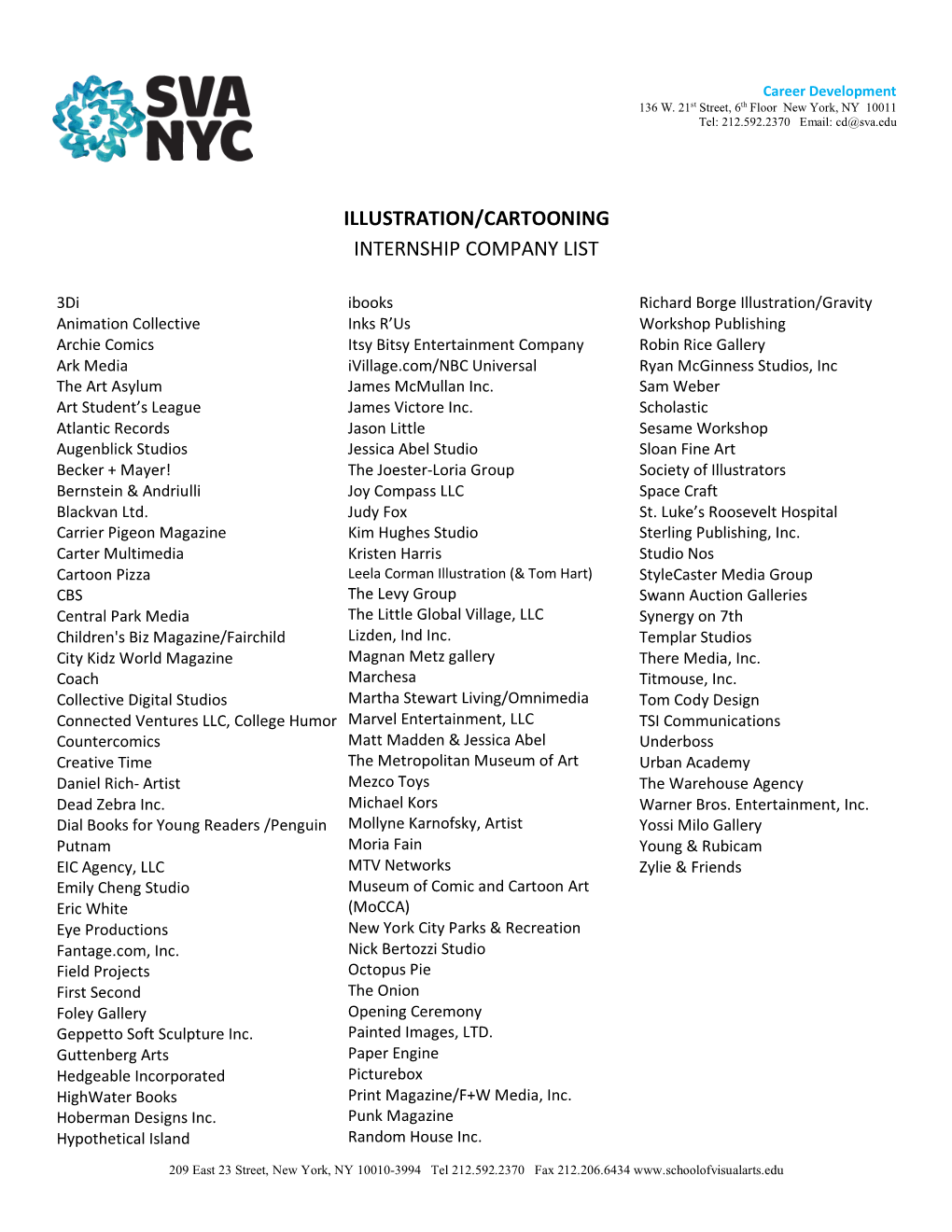 Illustration/Cartooning Internship Company List