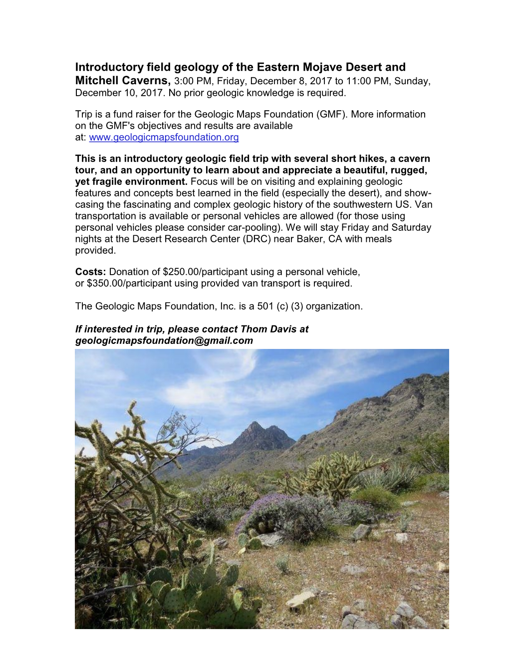 Introductory Field Geology of the Eastern Mojave Desert and Mitchell Caverns, 3:00 PM, Friday, December 8, 2017 to 11:00 PM, Sunday, December 10, 2017