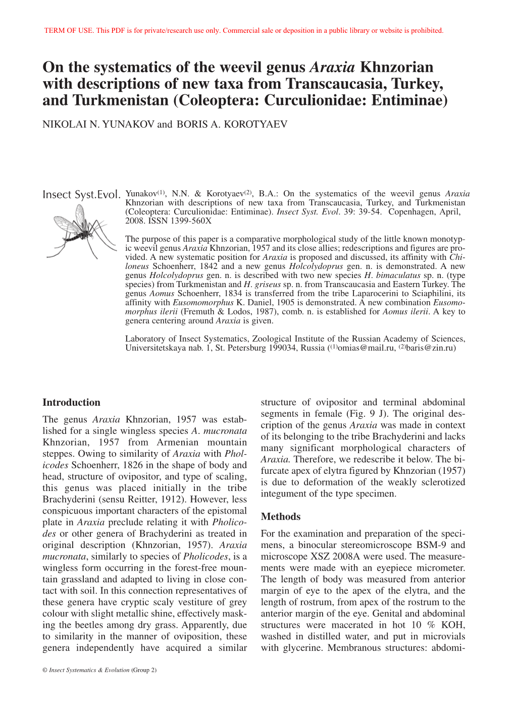 On the Systematics of the Weevil Genus Araxia Khnzorian With