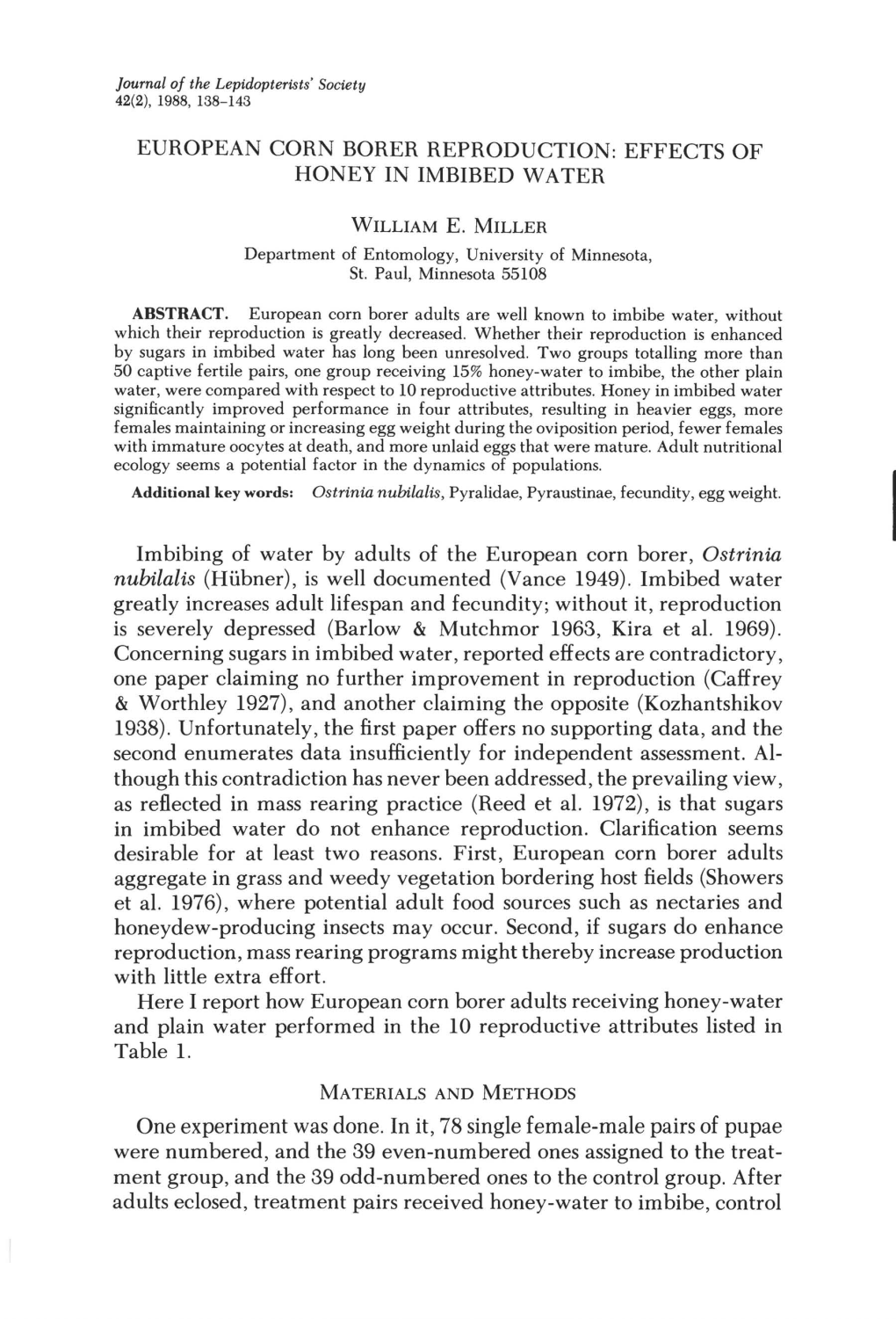 European Corn Borer Reproduction: Effects of Honey in Imbibed Water