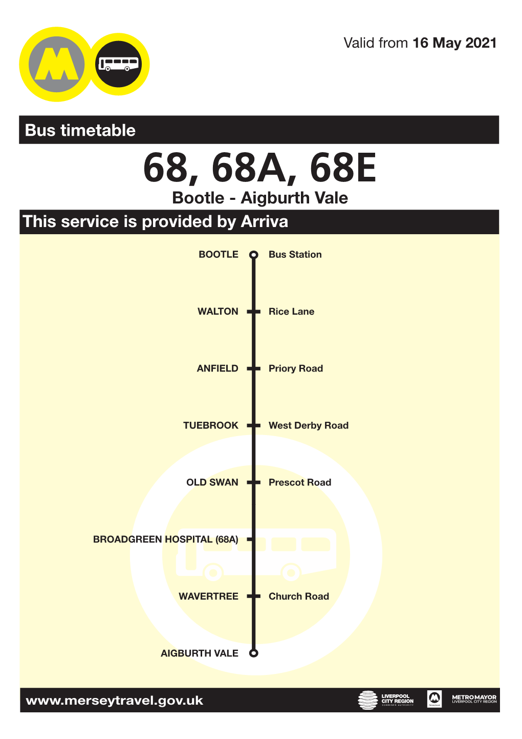 68, 68A, 68E Bootle - Aigburth Vale This Service Is Provided by Arriva