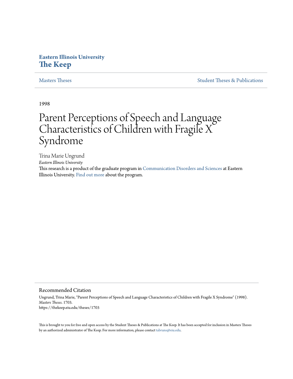 Parent Perceptions of Speech and Language Characteristics Of