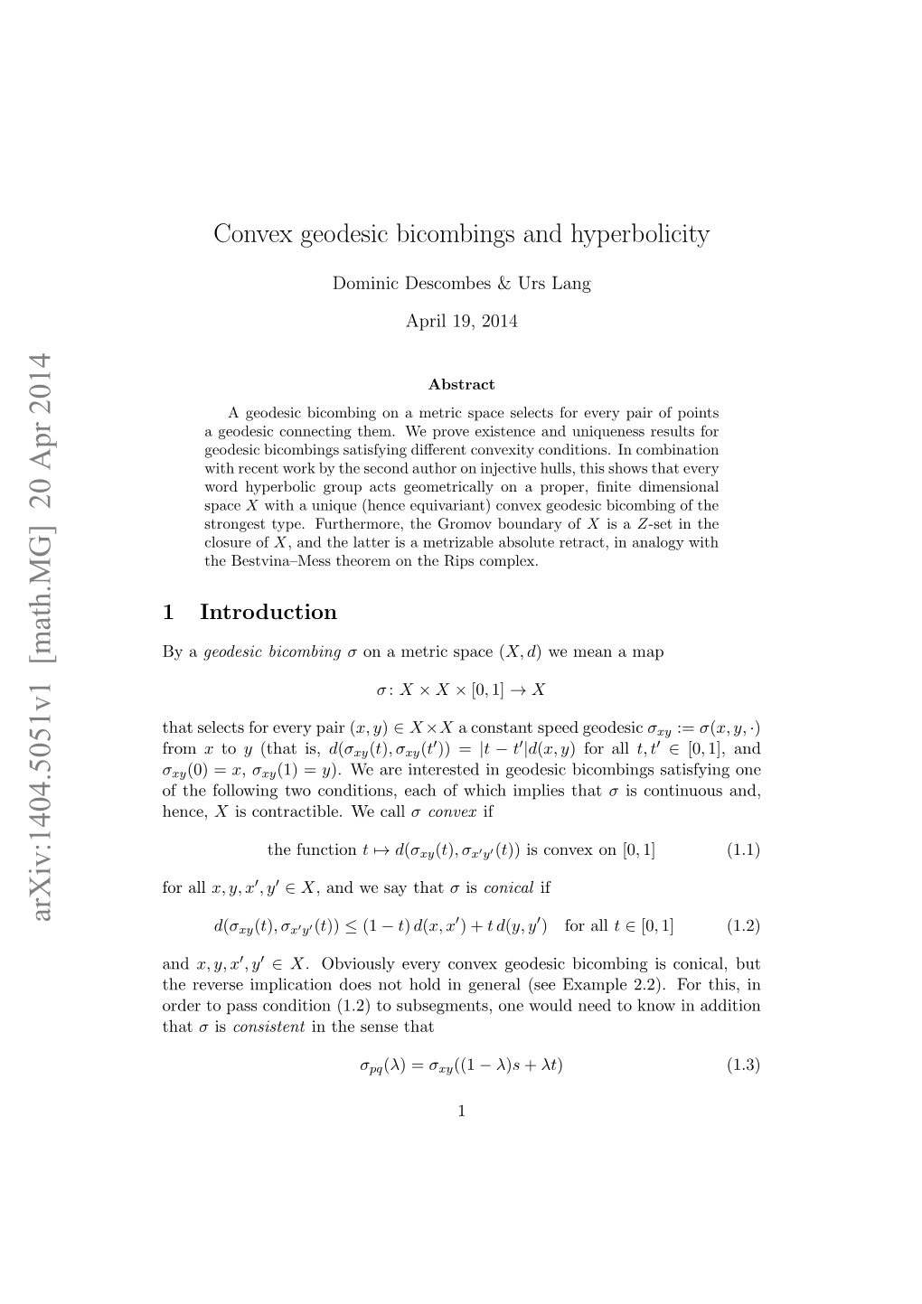 Convex Geodesic Bicombings and Hyperbolicity