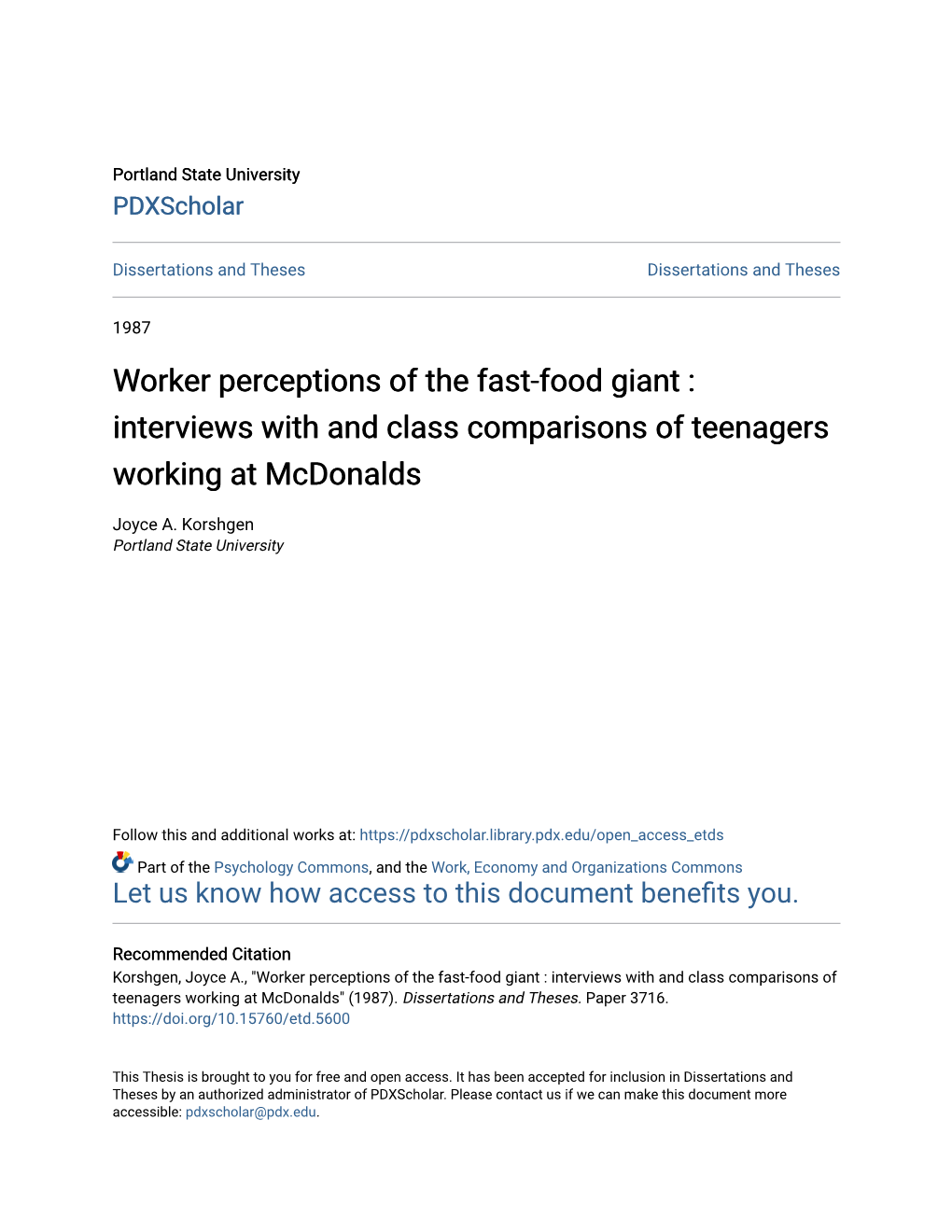 Worker Perceptions of the Fast-Food Giant : Interviews with and Class Comparisons of Teenagers Working at Mcdonalds