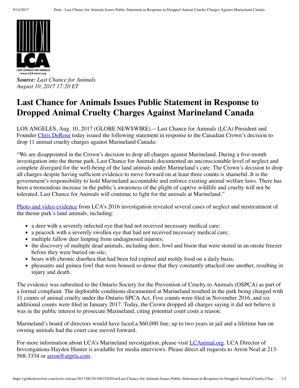 Last Chance for Animals Issues Public Statement in Response to Dropped Animal Cruelty Charges Against Marineland Canada