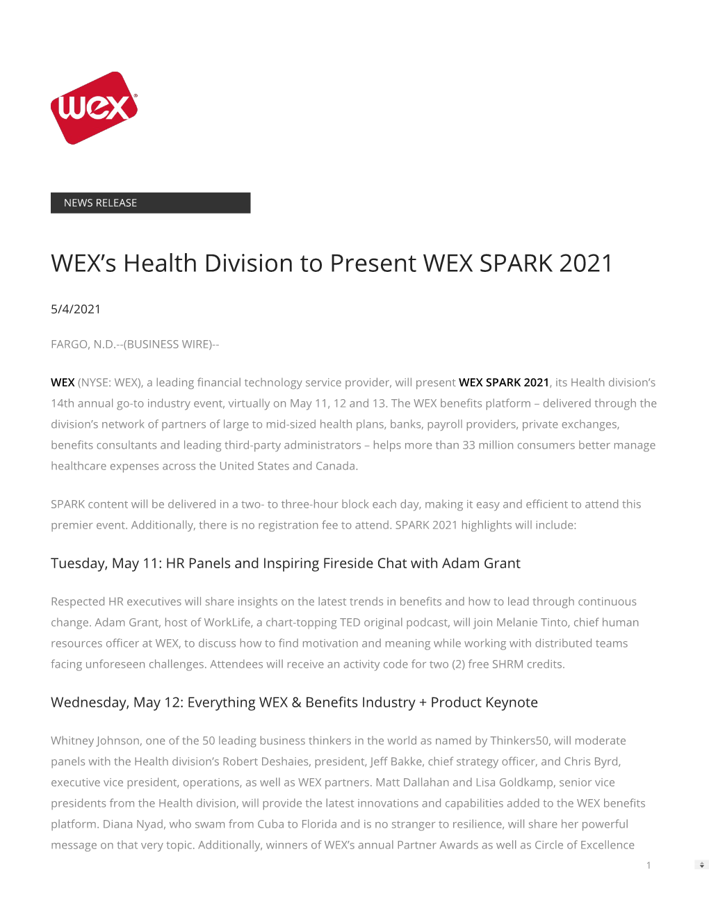 WEX's Health Division to Present WEX SPARK 2021