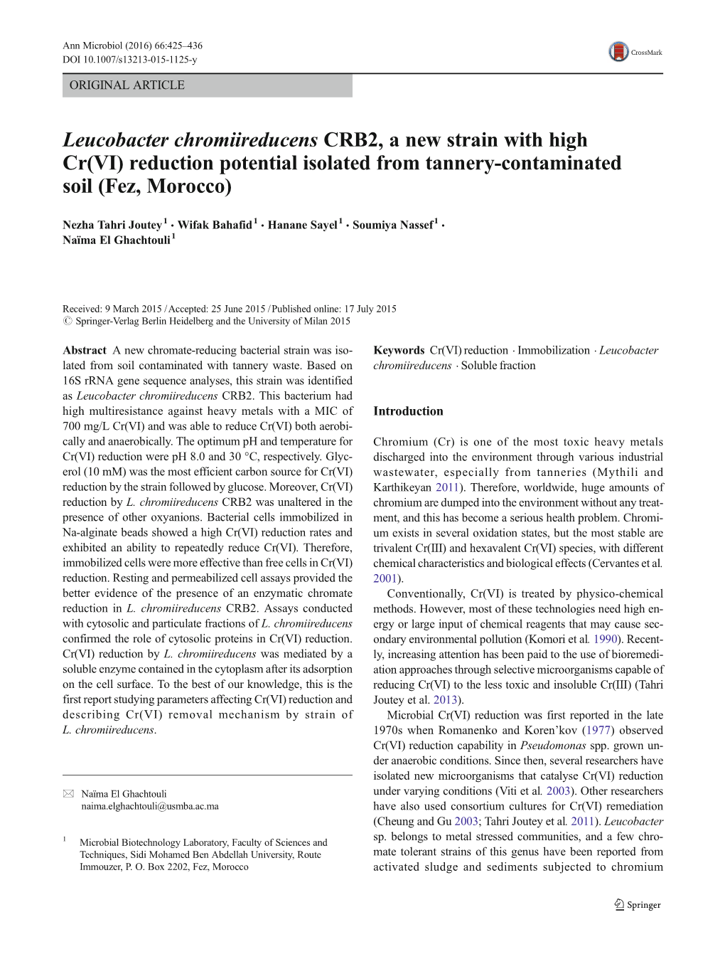 Leucobacter Chromiireducens CRB2, a New Strain with High Cr(VI) Reduction Potential Isolated from Tannery-Contaminated Soil (Fez, Morocco)