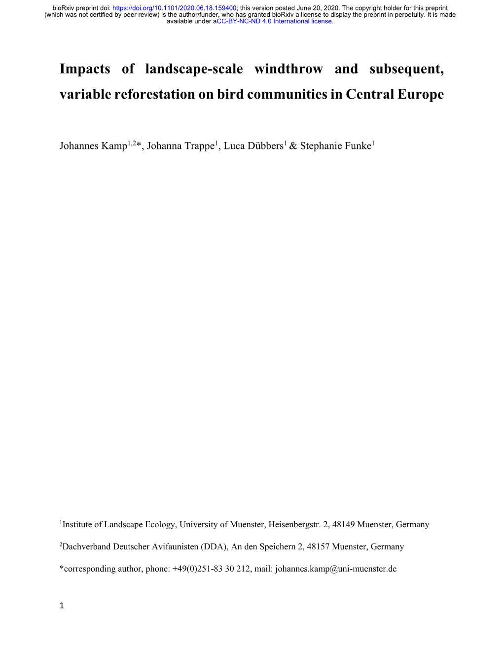 Impacts of Landscape-Scale Windthrow and Subsequent, Variable Reforestation on Bird Communities in Central Europe