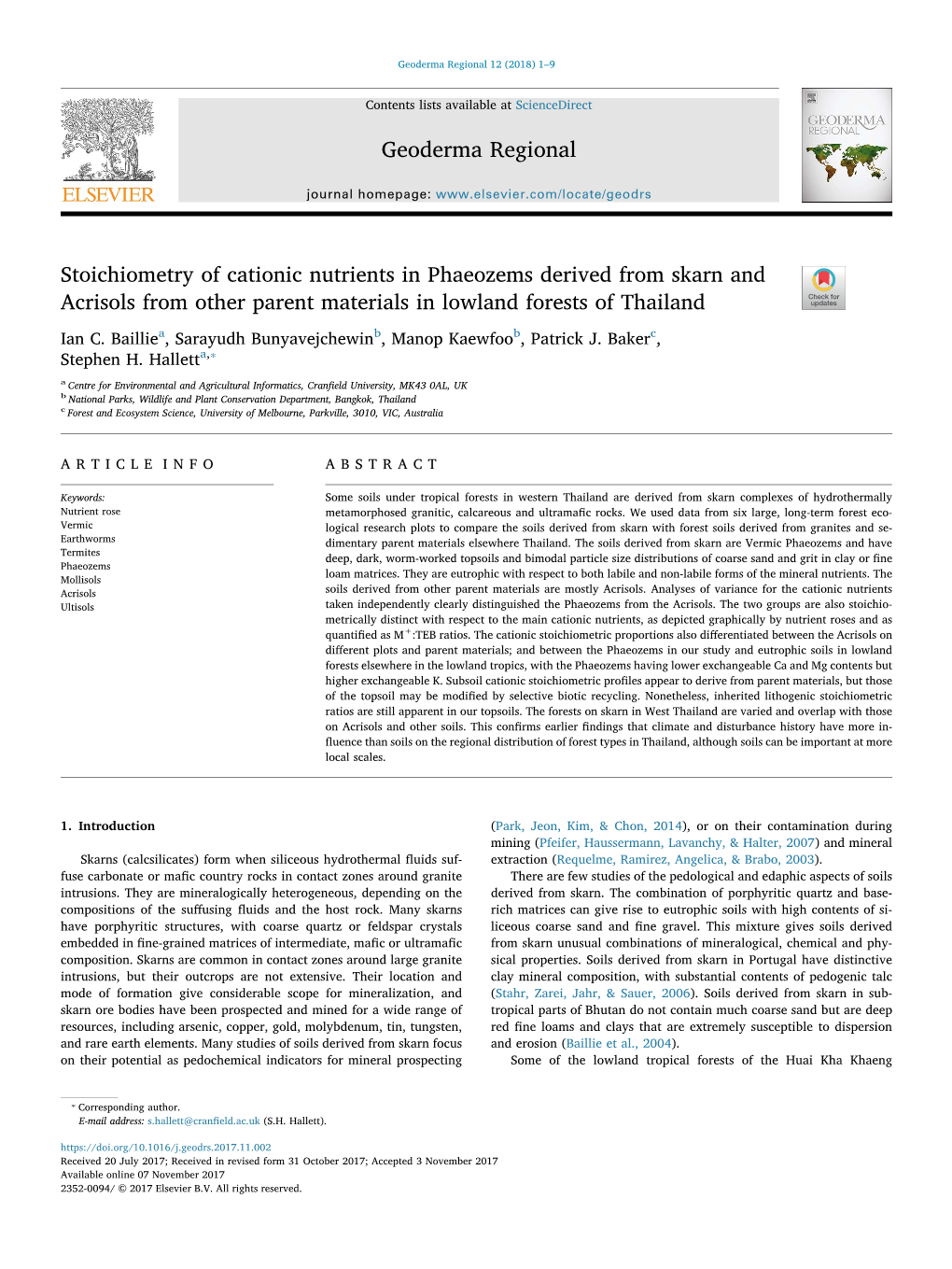 Stoichiometry of Cationic Nutrients in Phaeozems Derived from Skarn and T Acrisols from Other Parent Materials in Lowland Forests of Thailand