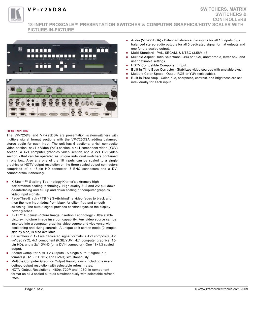 Vp-725Dsa Switchers, Matrix Switchers & Controllers 18-Input Proscale™ Presentation Switcher & Computer Graphics/Hdtv Scaler with Picture-In-Picture