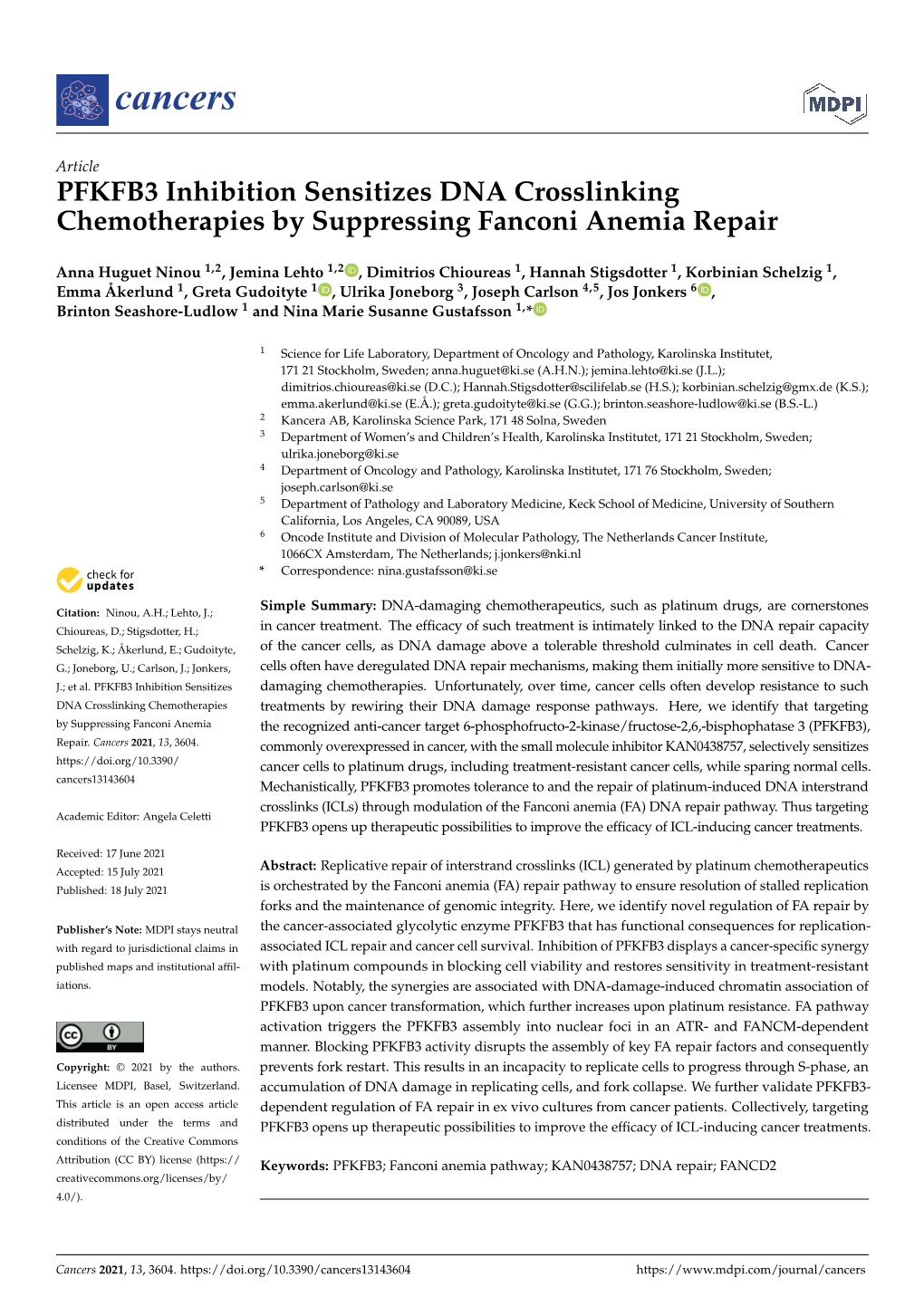 PFKFB3 Inhibition Sensitizes DNA Crosslinking Chemotherapies by Suppressing Fanconi Anemia Repair