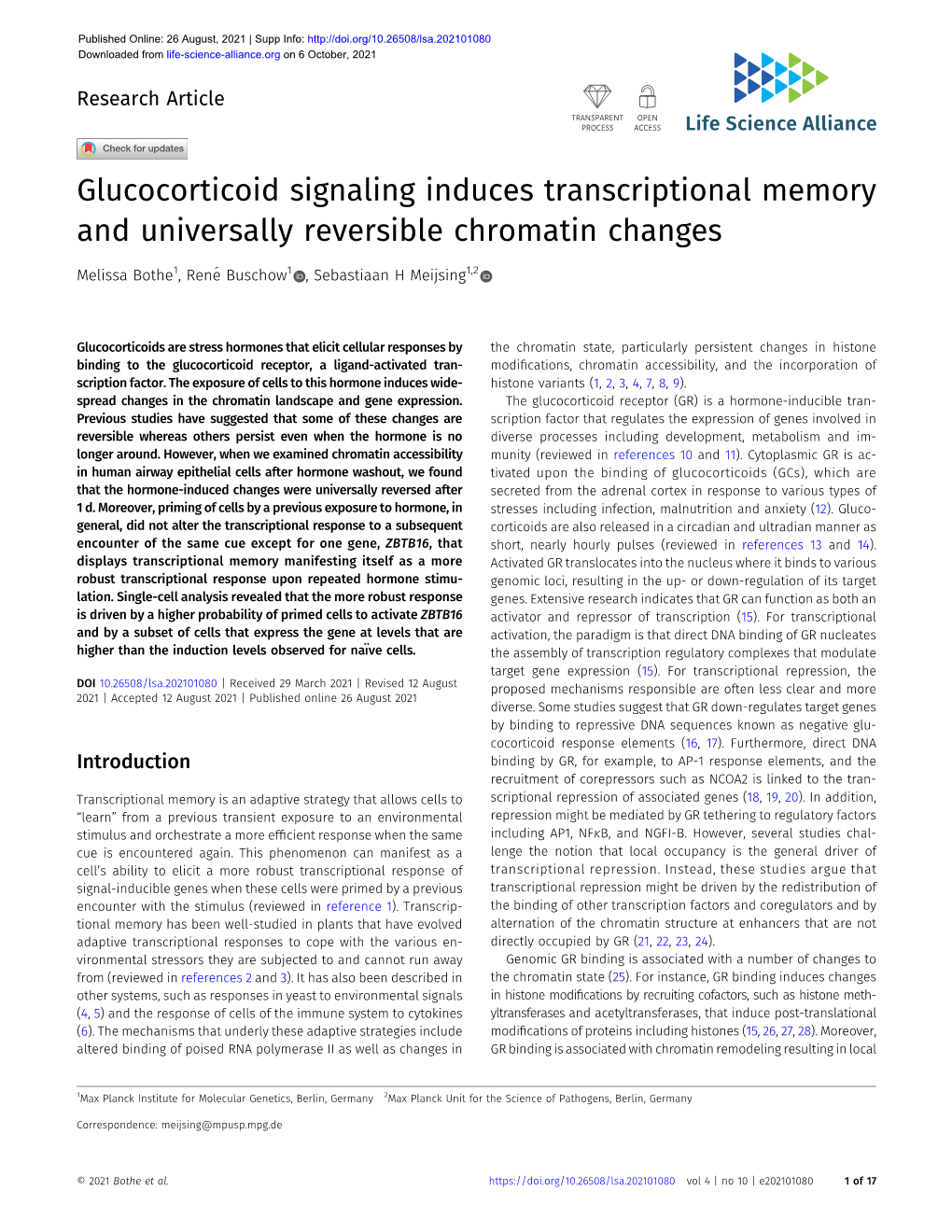 Glucocorticoid Signaling Induces Transcriptional Memory and Universally Reversible Chromatin Changes