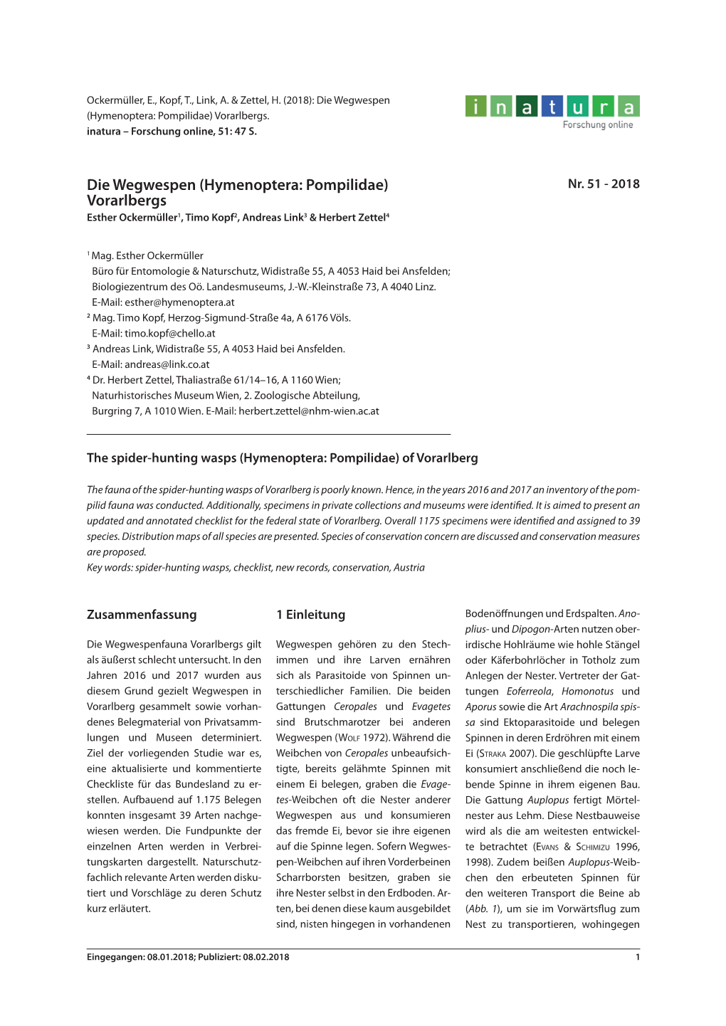 Die Wegwespen (Hymenoptera: Pompilidae) Vorarlbergs