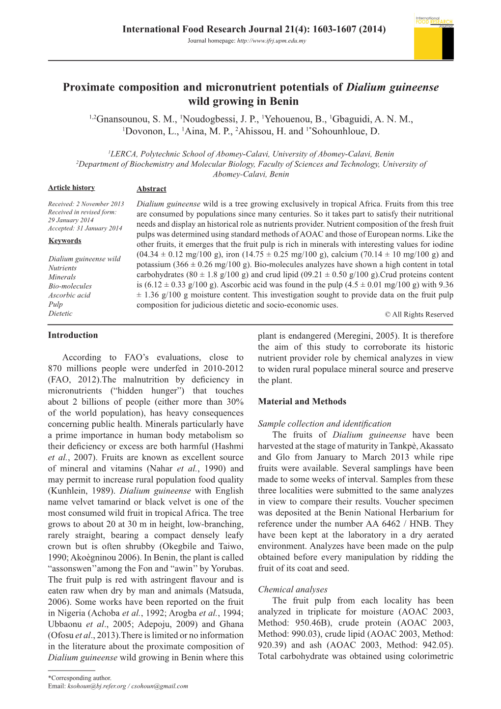 Proximate Composition and Micronutrient Potentials of Dialium Guineense Wild Growing in Benin 1,2Gnansounou, S