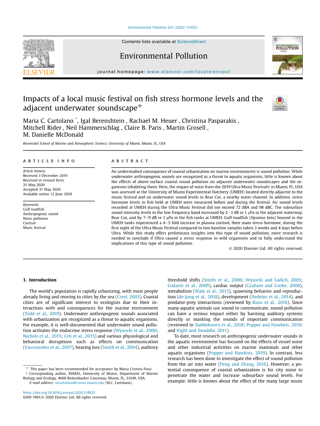 Impacts of a Local Music Festival on Fish Stress Hormone Levels and The