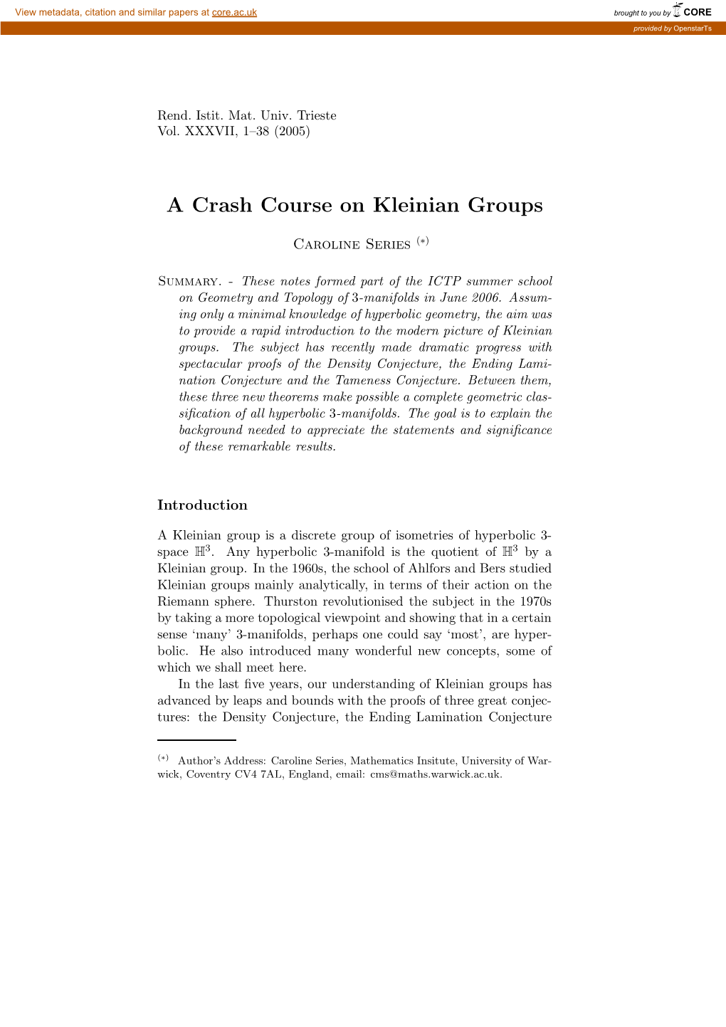 A Crash Course on Kleinian Groups