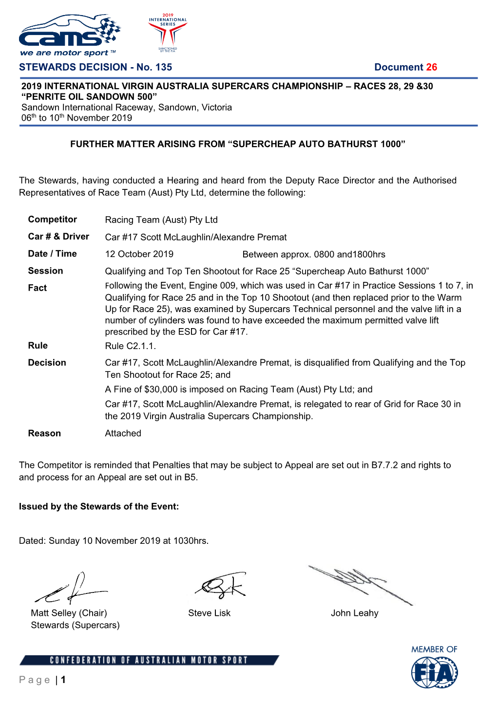 STEWARDS DECISION - No