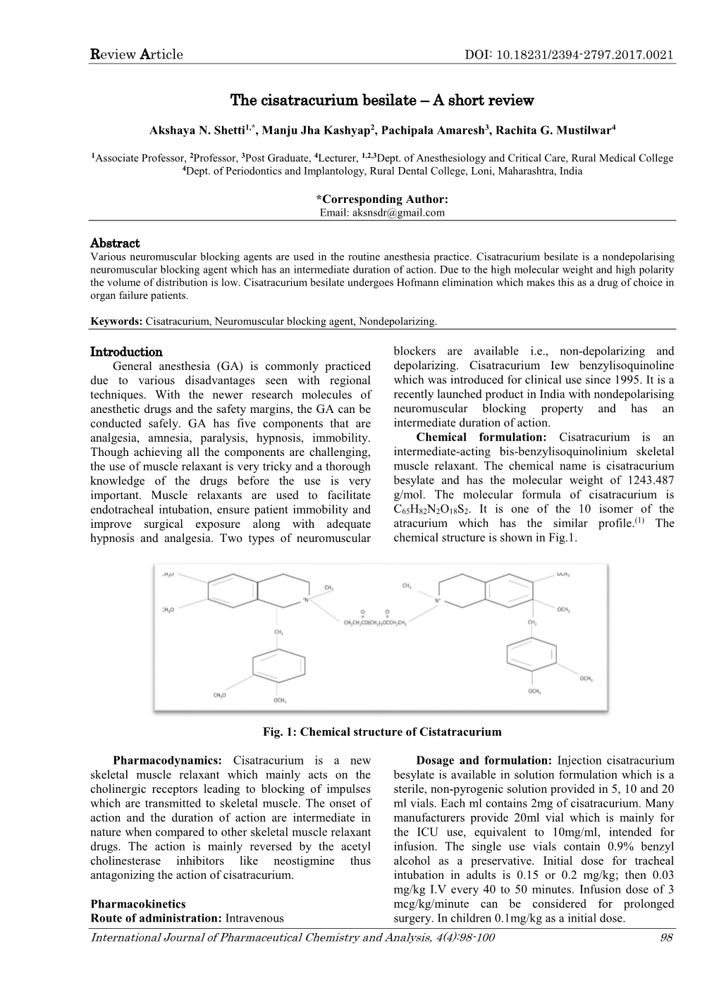 The Cisatracurium Besilate – a Short Review