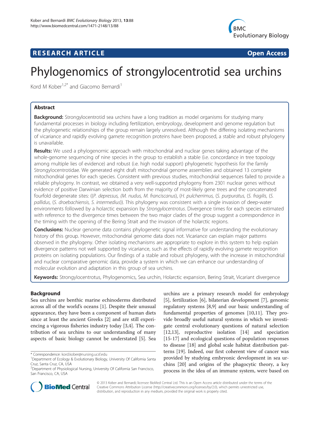 Phylogenomics of Strongylocentrotid Sea Urchins Kord M Kober1,2* and Giacomo Bernardi1