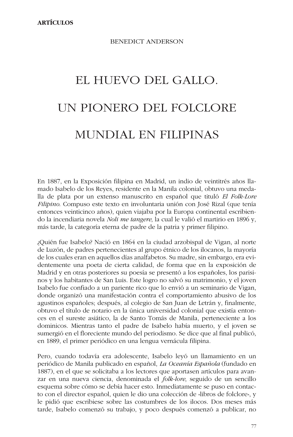 Benedict Anderson El Huevo Del Gallo. Un Pionero Del Folclore Mundial En Filipinas