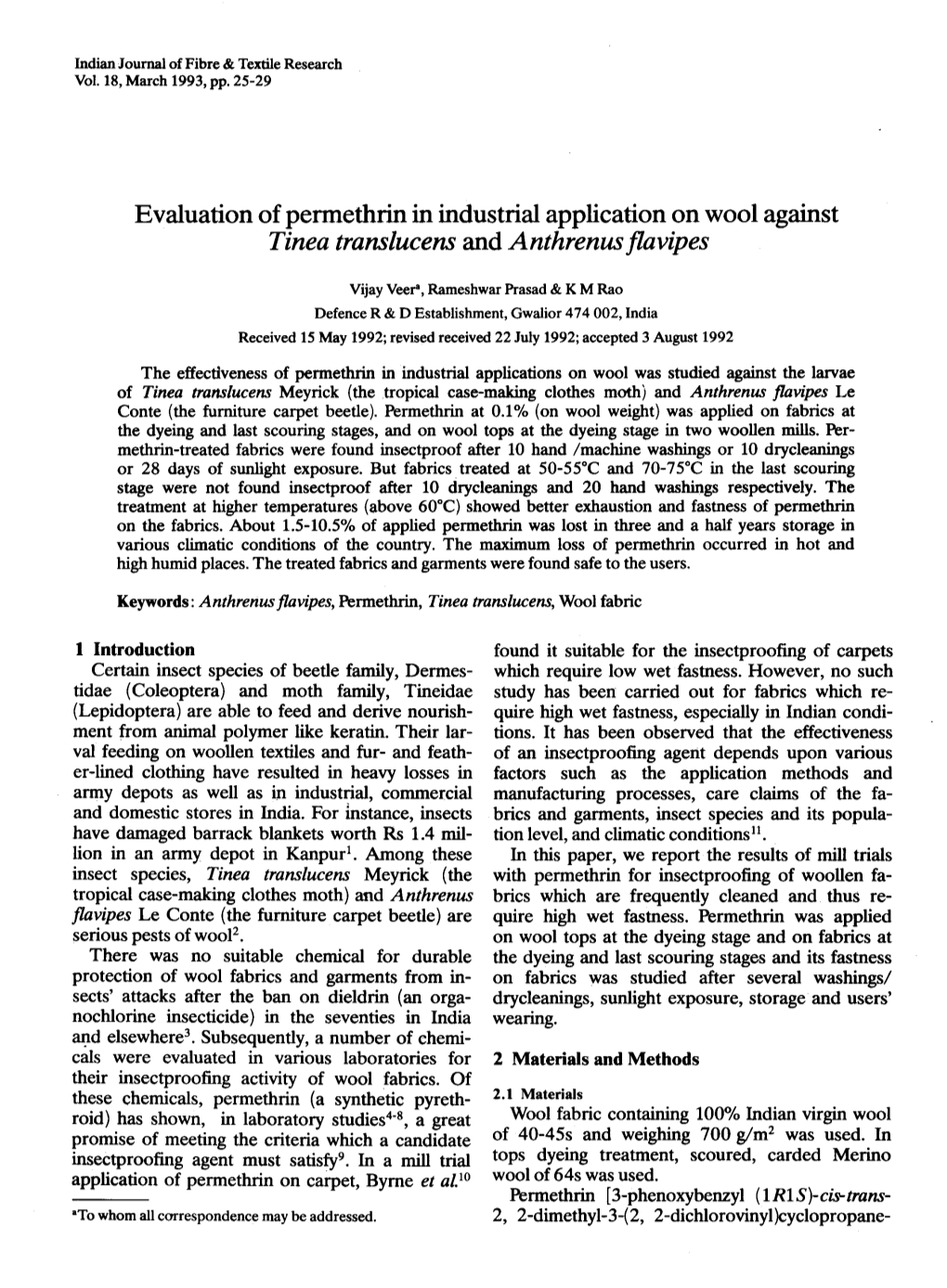 Evaluation of Permethrin in Industrial Application on Wool Against Tinea Trans/Ucens and Anthrenus Flavipes