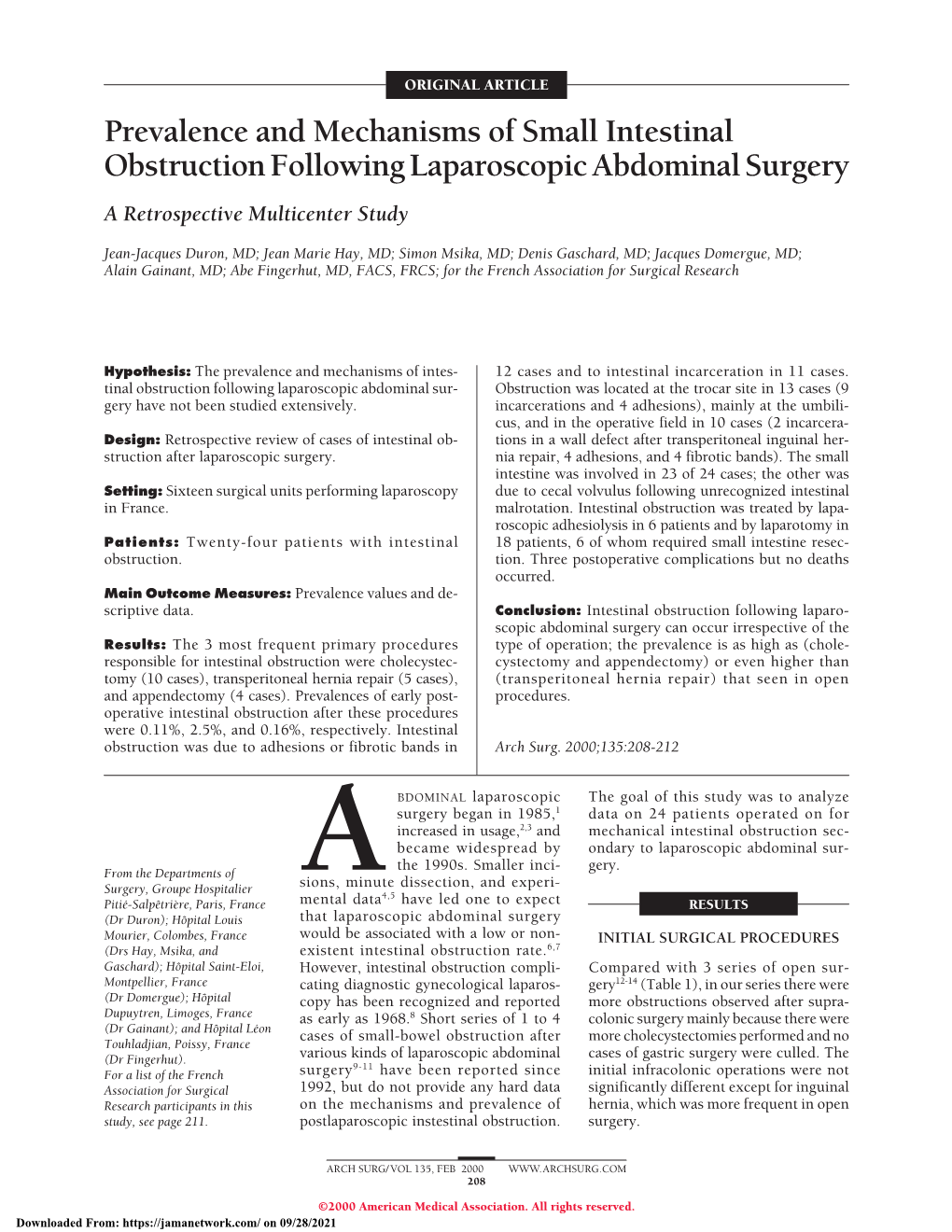 Prevalence and Mechanisms of Small Intestinal Obstruction Following Laparoscopic Abdominal Surgery a Retrospective Multicenter Study