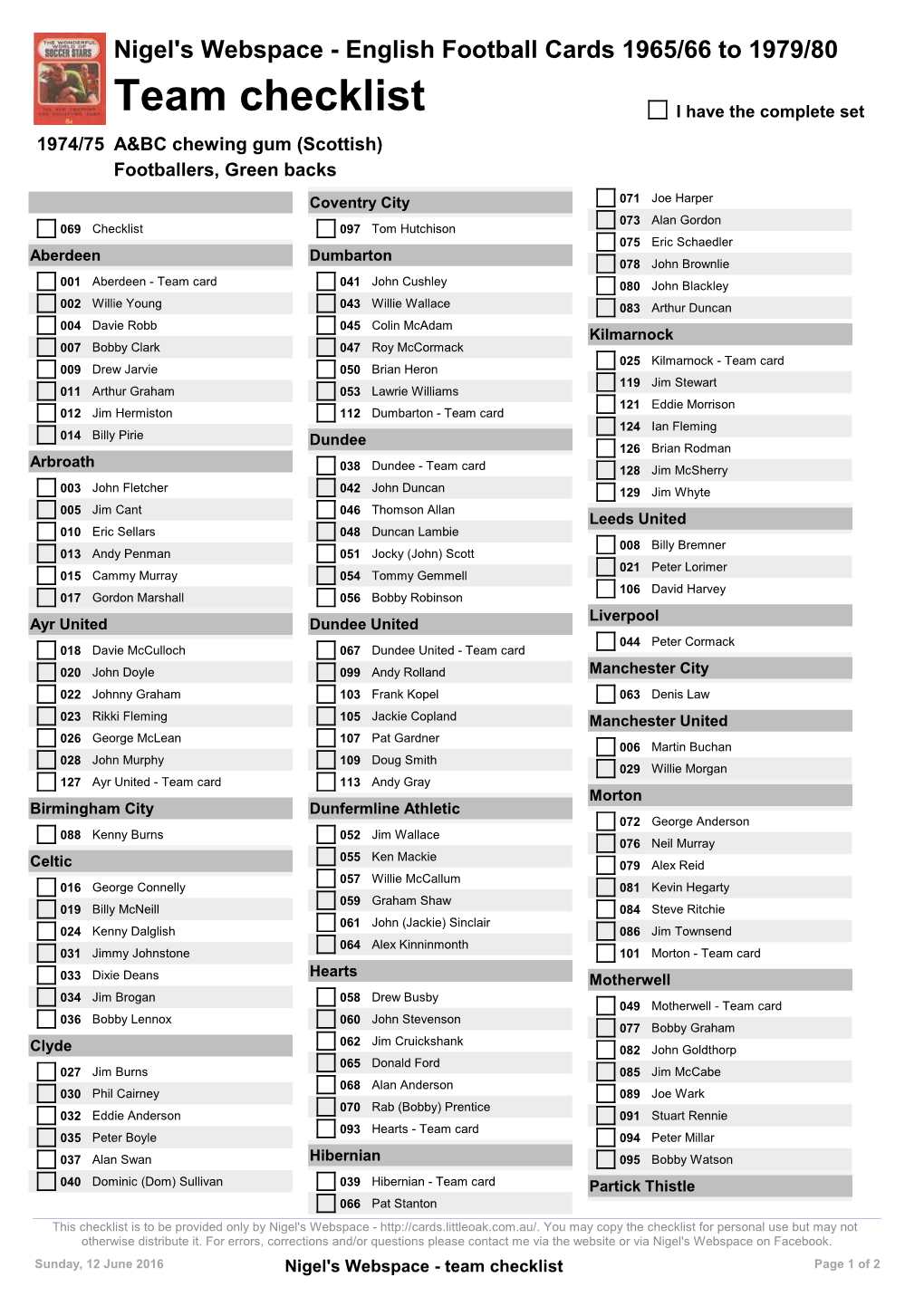 Team Checklist I Have the Complete Set 1974/75 A&BC Chewing Gum (Scottish) Footballers, Green Backs