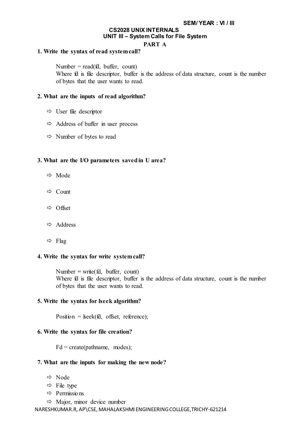 PART a 1. Write the Syntax of Read System Call? Number = Read(Fd