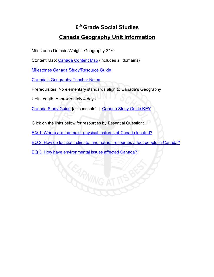 6 Grade Social Studies Canada Geography Unit Information