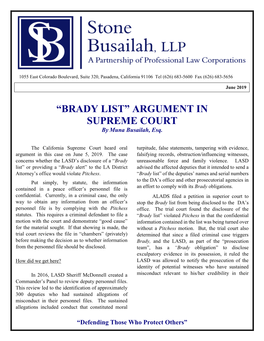June 2019 – “Brady List” Argument in Supreme Court