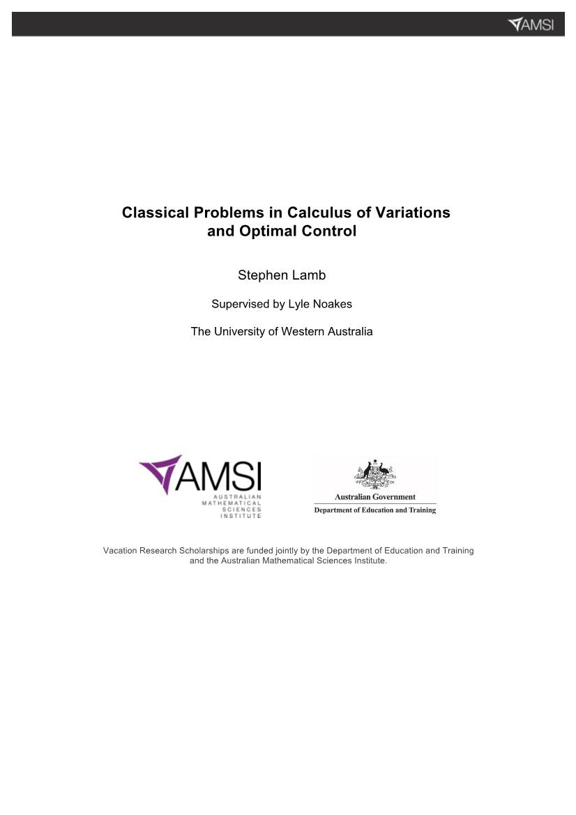 Classical Problems in Calculus of Variations and Optimal Control