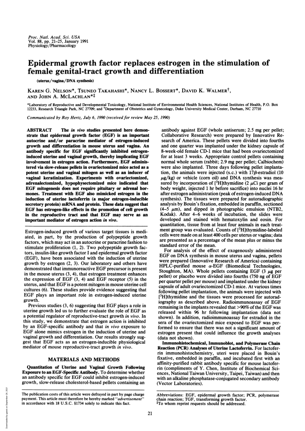 Epidermal Growth Factor Replaces Estrogen in the Stimulation of Female Genital-Tract Growth and Differentiation (Uterus/Vagina/DNA Synthesis) KAREN G