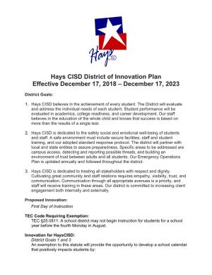Hays CISD District of Innovation Plan Effective December 17, 2018 – December 17, 2023