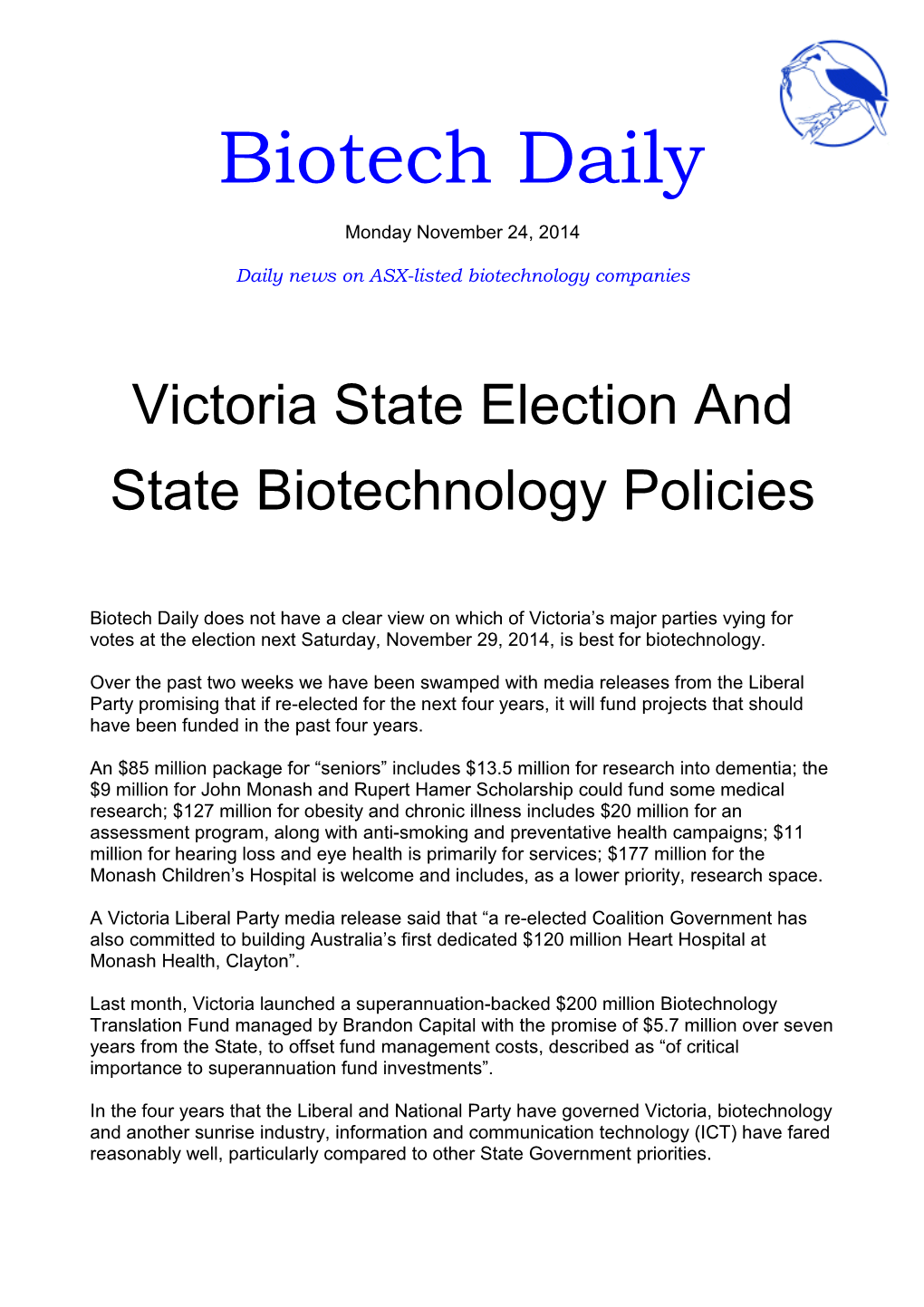 Victoria State Election and State Biotechnology Policies