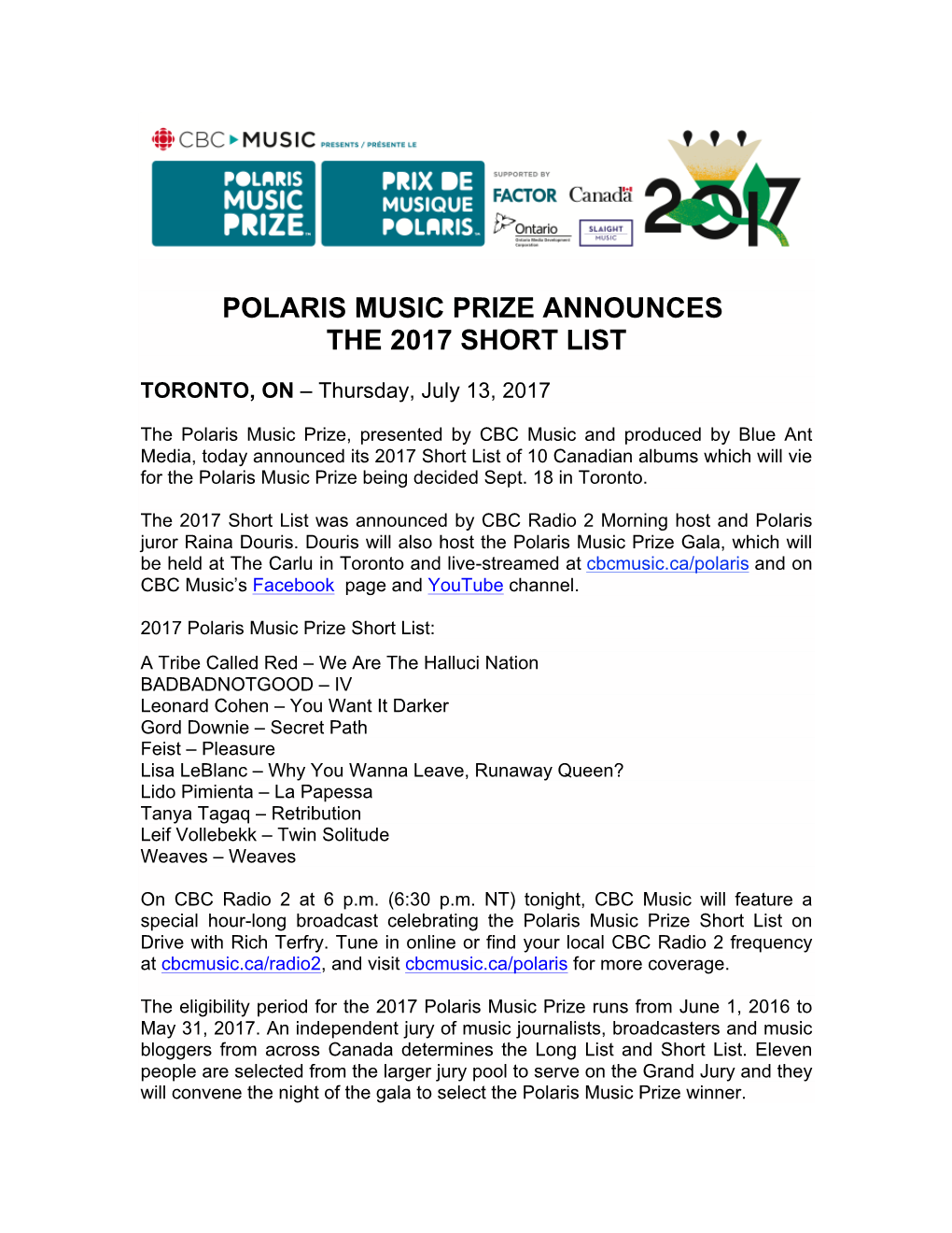 Polaris Music Prize Announces the 2017 Short List
