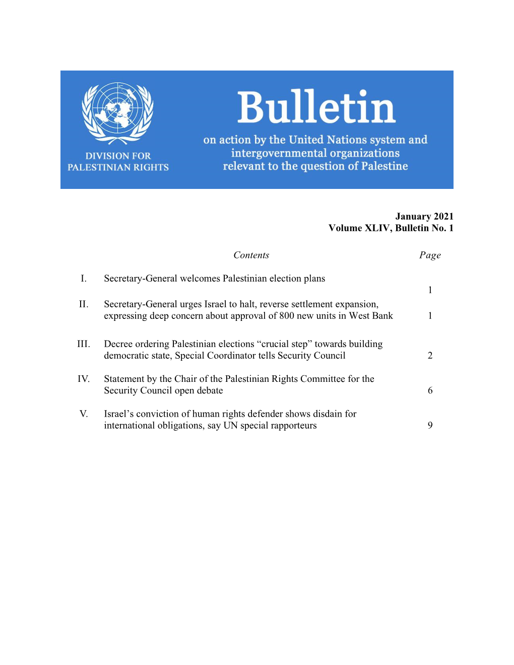 January 2021 Volume XLIV, Bulletin No. 1 Contents Page I. Secretary