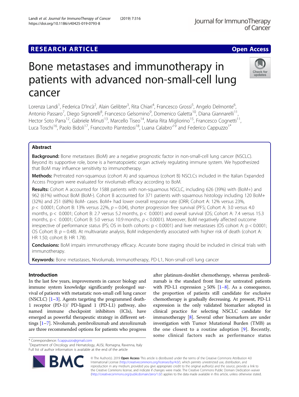 Bone Metastases and Immunotherapy in Patients with Advanced Non-Small-Cell Lung Cancer