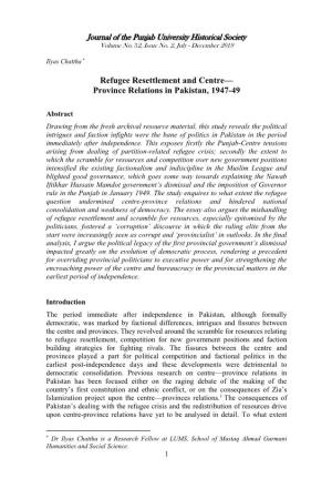 Refugee Resettlement and Centre— Province Relations in Pakistan, 1947-49