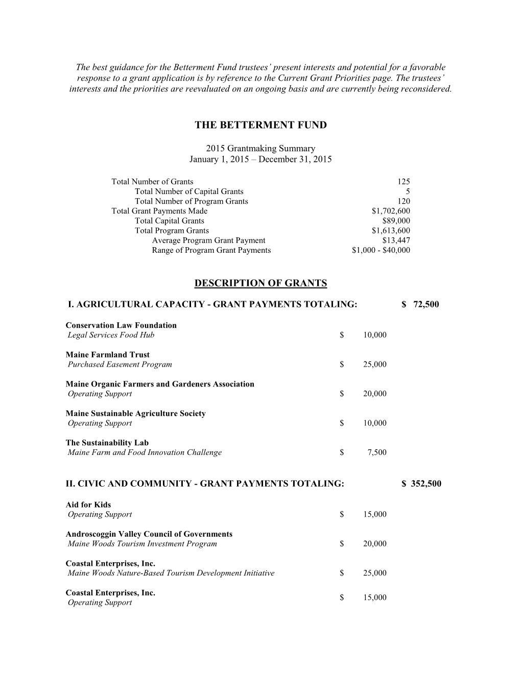 The Betterment Fund Description of Grants