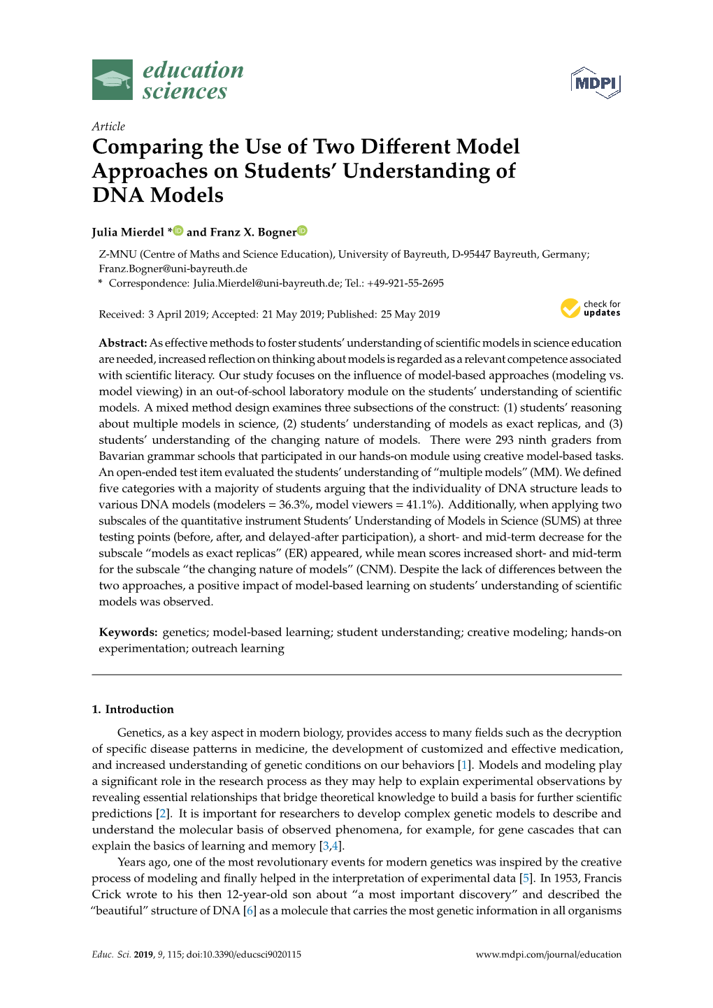 Comparing the Use of Two Different Model Approaches on Students' Understanding of DNA Models