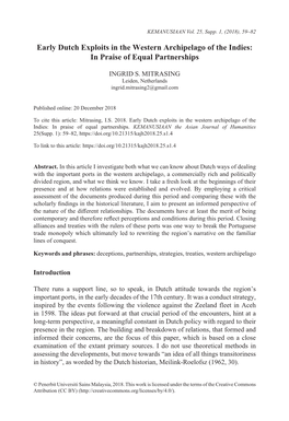 Early Dutch Exploits in the Western Archipelago of the Indies: in Praise of Equal Partnerships