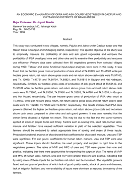 An Economic Evaluation of Okra and Ash Gourd Vegetables in Gazipur and Chittagong Districts of Bangladesh