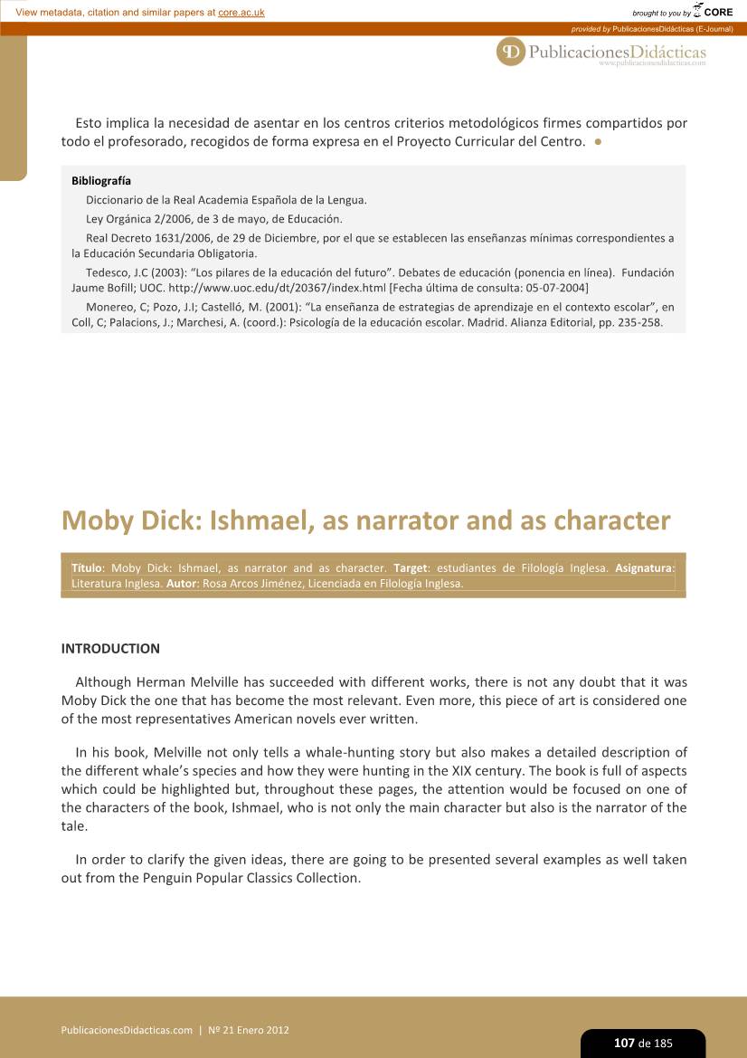 Moby Dick: Ishmael, As Narrator and As Character