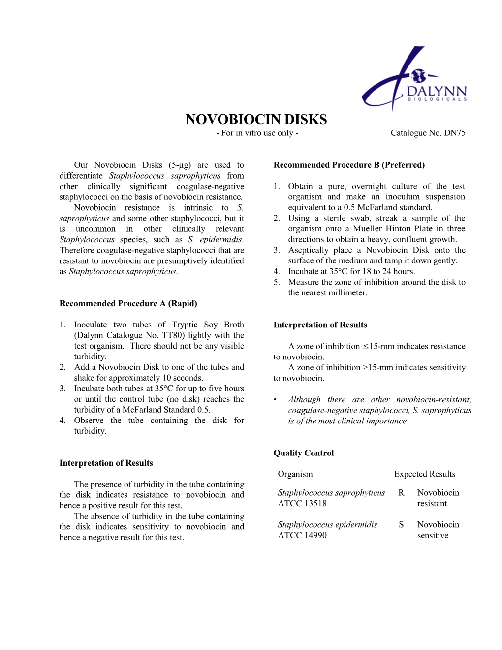 NOVOBIOCIN DISKS - for in Vitro Use Only - Catalogue No